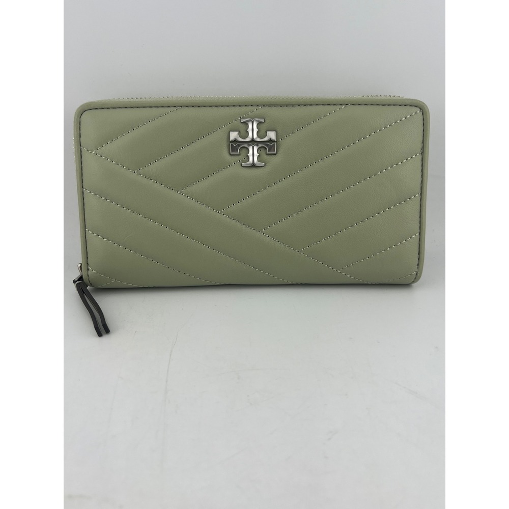 Tory Burch Kira Chevron Zip Continental Wallet Sage Green Leather Silver Logo